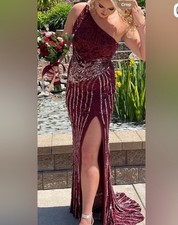 Sherri Hill One Shoulder Burgundy/Rose gold/ Silver One Shoulder Prom Dress 8