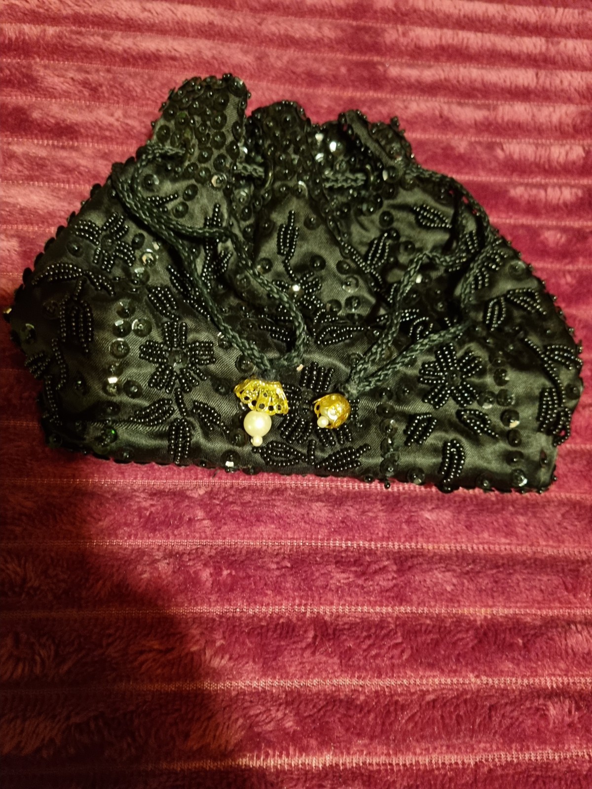 Small Black Beaded/ Sequined Drawstring Bag