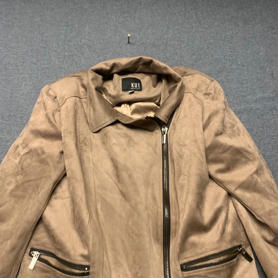 Chaqueta para mujer KUT From The Kloth talla XL marrón imitación gamuza moto bolsillos con cremallera Foto 2 de 4