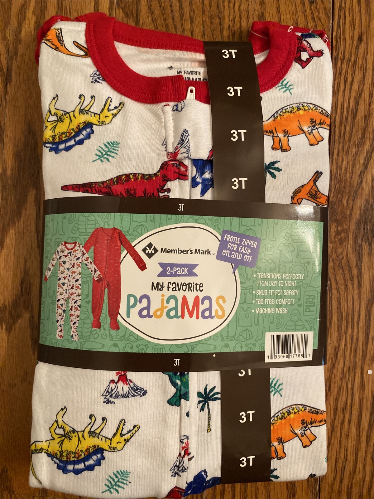 Member’s Mark 2 Pack Dinosaur Theme Boys Pajamas Front Zipper Size