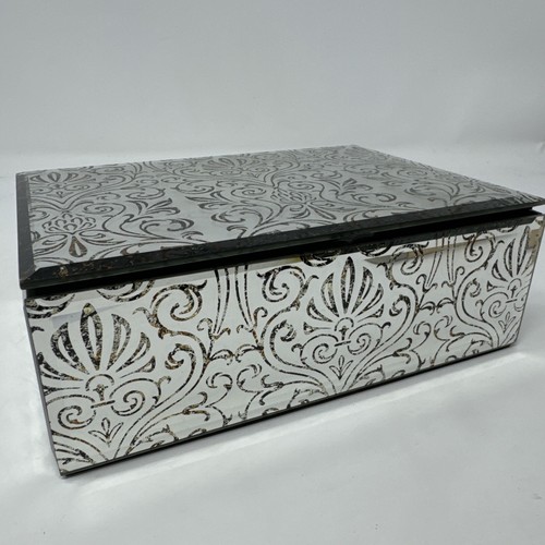 Mele and Co Mirrored Jewelry Box Case Black Sueded Fabric Felt Floral Ornate