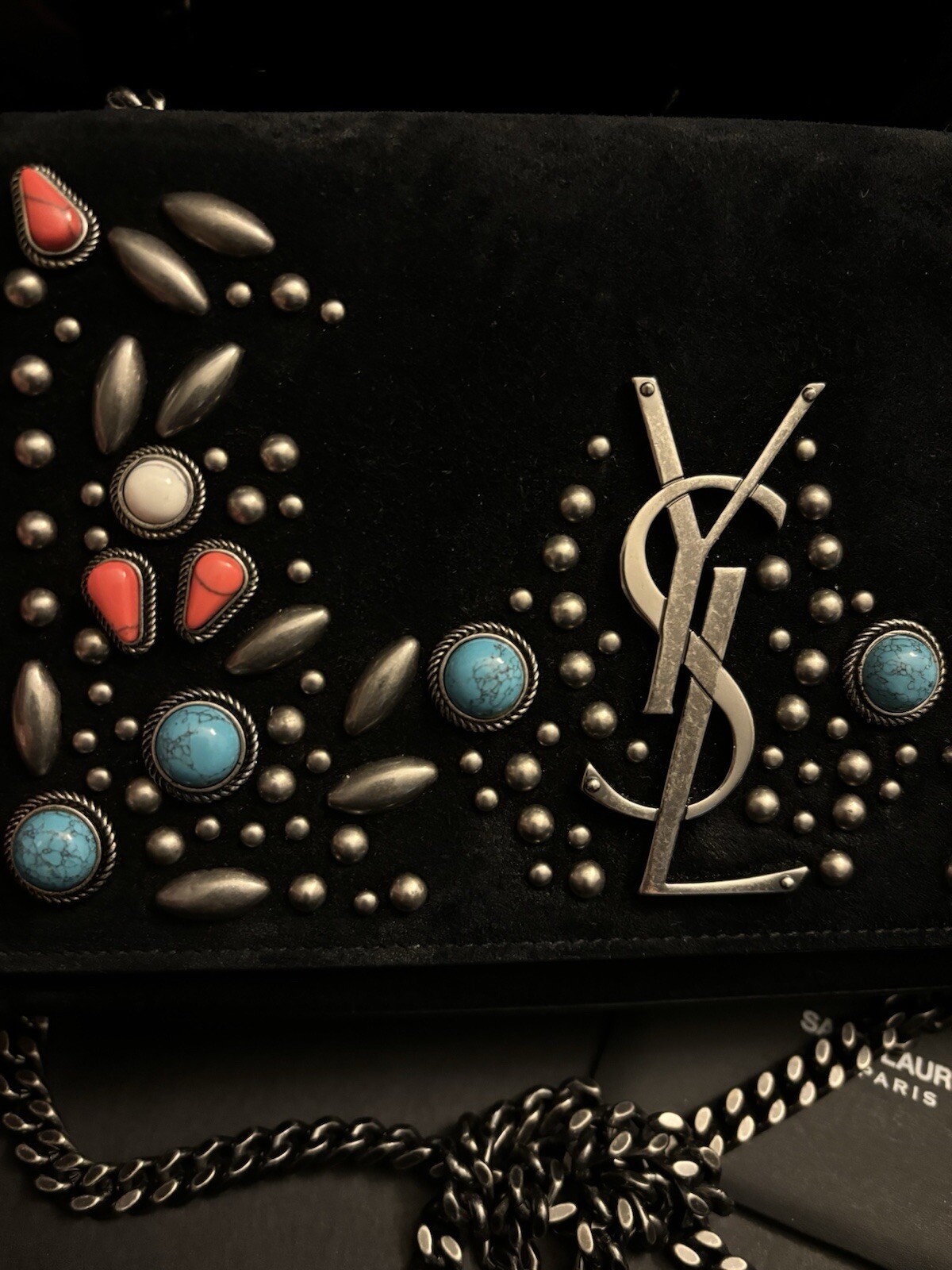 Borsa a tracolla Saint Laurent YSL monogramma Kate corallo pietra turchese borchie