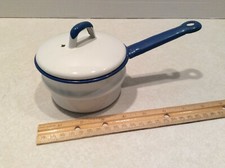 Vintage enamelware mini saucepan, white/royal blue