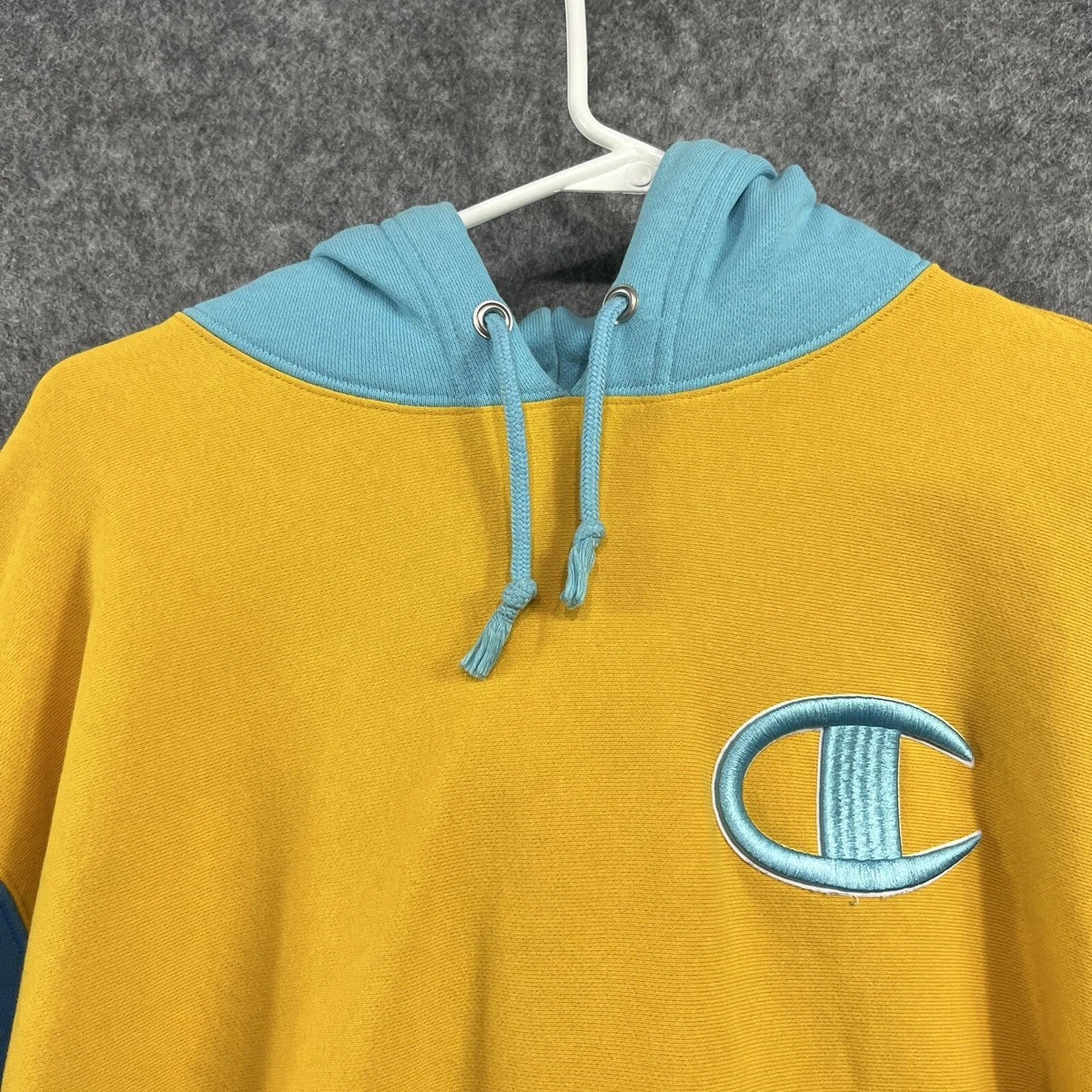 Champion Reverse Weave Blue Yellow Color Block Hoodie Medium Embroidered