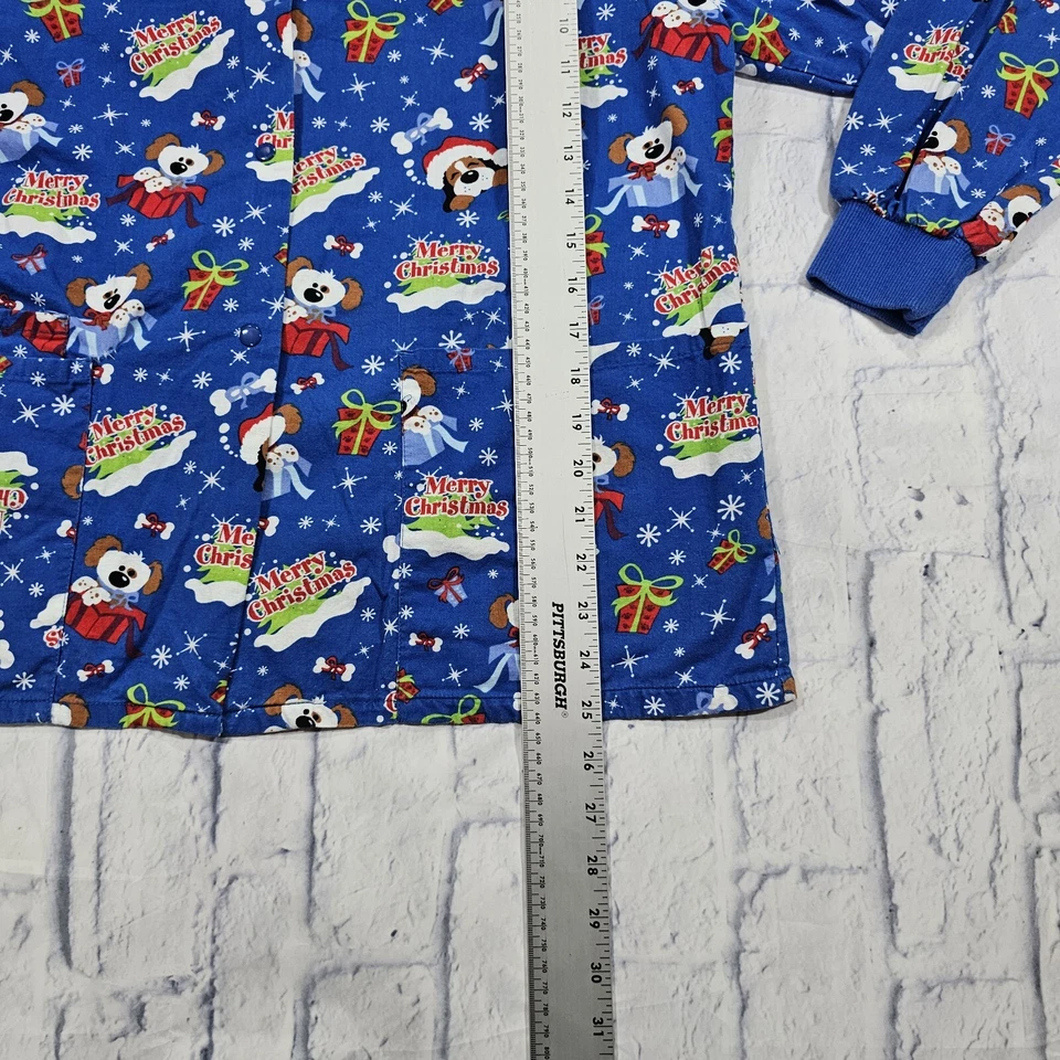 Comfy Cotton WOMENS SZ S Scrubs Medical Nursing Scrub Jacket Top Christmas Dogs - Image 2 of 4