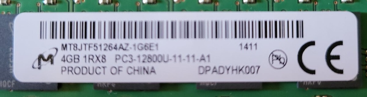 ✓ 8GB (2x4GB) 1RX8 PC3-12800U-11-11-A1 DDR3-1600MHz Non-ECC