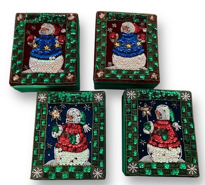 4 Gift Boxes Let it Snow Snowman Green Satin Sequins Beads Square 7x6