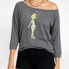 Y2K Disney Women's Tinkerbell Off Shoulder Gray Sweatshirt Sz 2 Fairycore Grunge