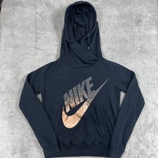 Nike Hoodie Women S Black Cotton Fleece Lined Metallic Logo Funnel-Neck Pullover