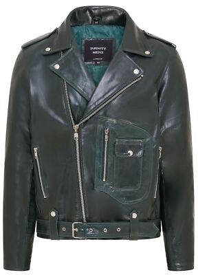 Herren Grün Retro Brando Gesteppte Leder Biker Jacke Vintage Motorrad Style