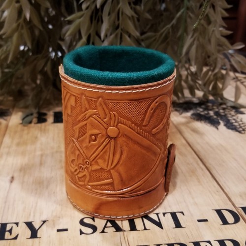 Vintage Tooled Western Theme Horse & Saddle Leather Dice Cup Gambling