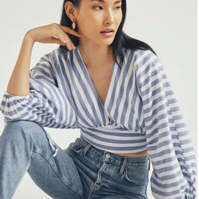 DOLAN V-Neck Blouse in Blue - Size Large