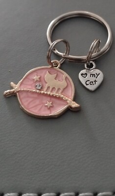 Toller kleiner Schlüsselanhänger ''Katze auf Ast mit Mond'' süß rosa Bagcharm Geschenk      