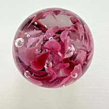VTG Art Glass Paperweight Pink/Magenta Swirl Orb With Bubbles 2" x 2.5"