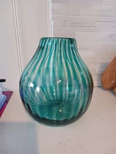 Art Glass Vase Blue Green Clear Stripes 7" Tall  Pontil No Maker Mark