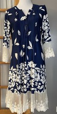 Reborn Floral Midi Dress Sz L Pintuck Lace Trim Blue White Boho Beach Cottage