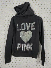Victorias Secret Pink Heart BLING Sequined Full zip Hoodie Jacket Black Medium