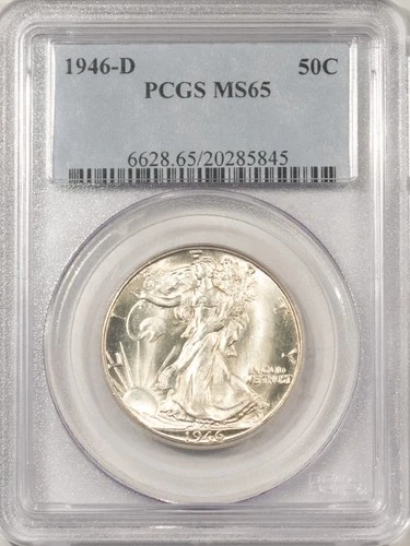 1946-D WALKING LIBERTY HALF DOLLAR - PCGS MS-65, LUSTROUS GEM!