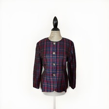 Vintage Talbots Red Tartan Plaid Taffeta Blazer Jacket Metallic Women's Sz. 12P
