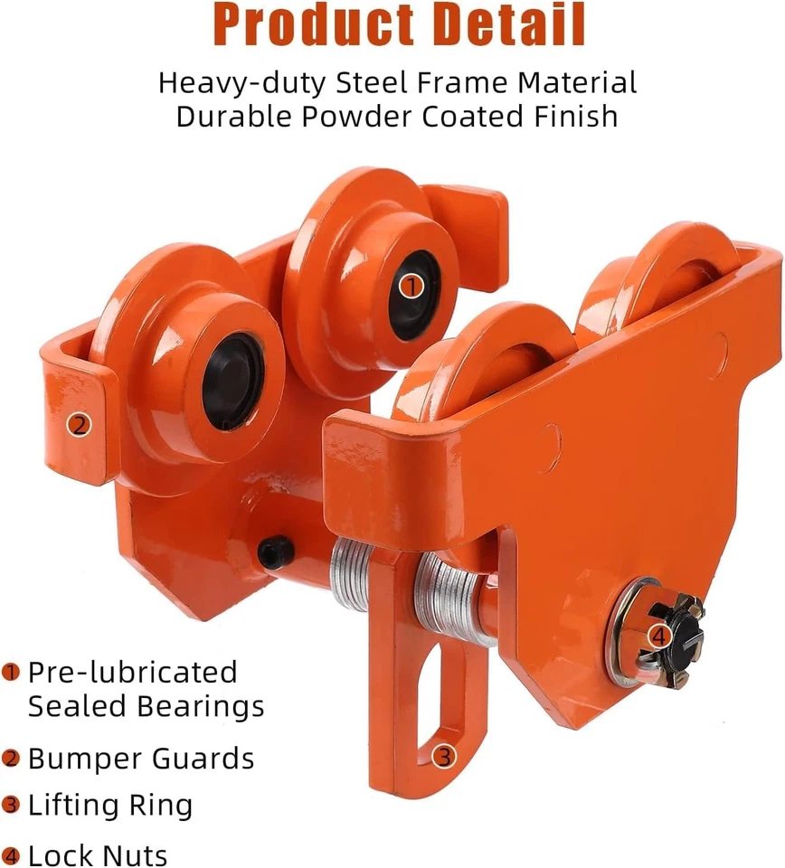 Manual Trolleys-Heavy Duty 4400LBS / 2 Ton Capacity Push Beam Trolley with Dual - Image 3 of 4