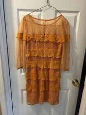 BCBG MaxAzria Francesca Sunrise Lace/Chiffon Ruffled Dress Size Small. GUC