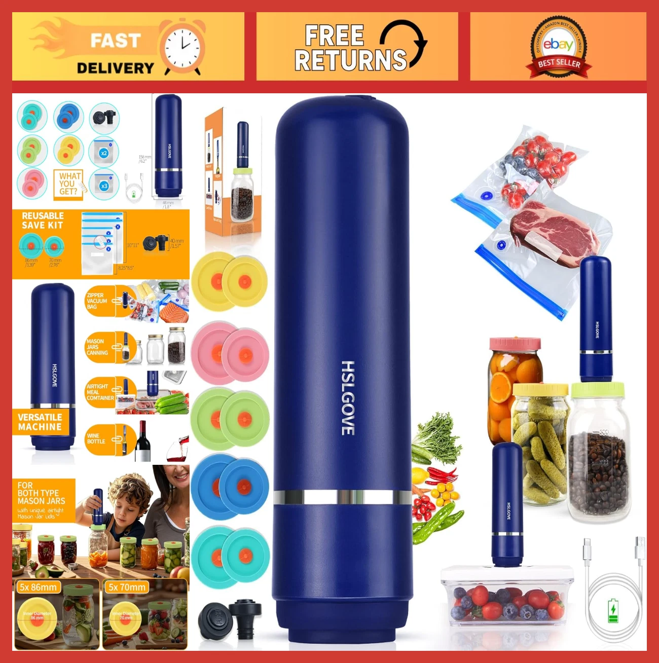 Portable Handheld Vacuum Sealer Kit for Mason Jars & Food Storage, Includes Bags