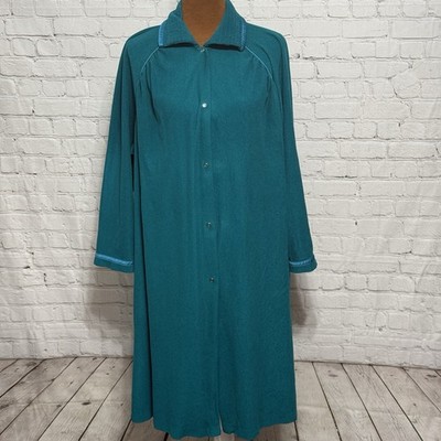 Vtg Vanity Fair Snap Front Robe House Coat Teal Green Lightweight Velour Size XL