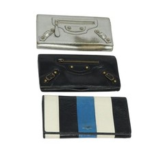 BALENCIAGA Wallet Leather 3 Set Black Silver blue Auth bs26196