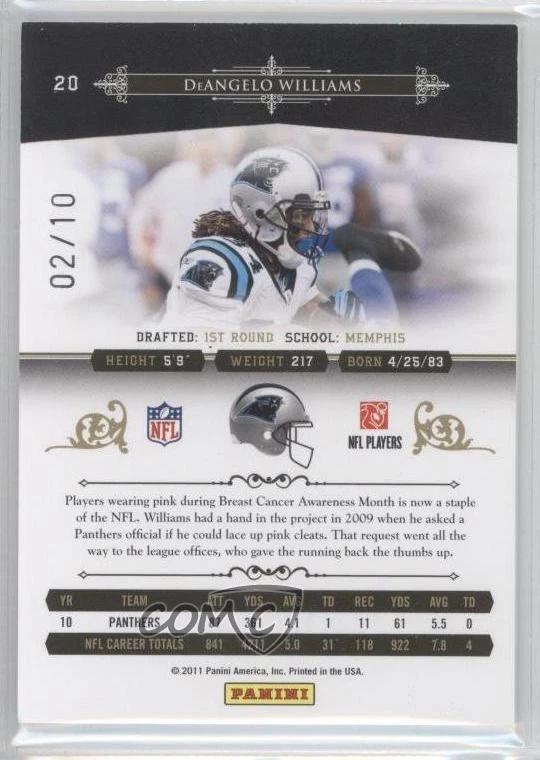 2010 Playoff National Treasures Century Gold /10 DeAngelo Williams #20 - Image 2 of 2