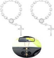 White Car Rosary for Rearview Mirror, 2 Cross Hanging Pendants Au Color: White