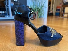 ROBERTO CAVALLI Black Purple Blue Python Denim Patent Sandals SZ 7  IT 37 Good