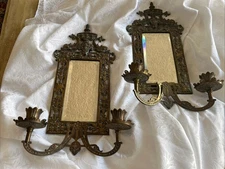 Antique Bradley & Hubbard Brass Bronze Beveled Mirror 2 Candle Wall Sconce Pair