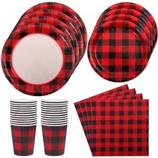 122 Pieces Red and Black Buffalo Plaid Party Supplies Disposable Party Tablew...