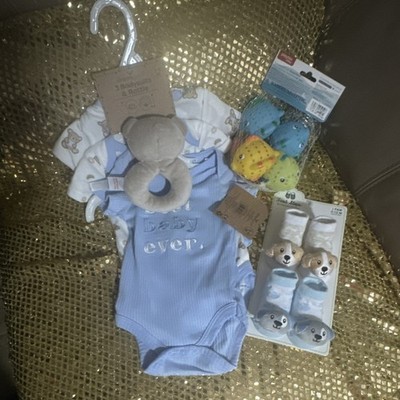 Fresh Steps Playtex 7 Piece Layette Set Bodysuits Rattle Socks Blue 0-12M