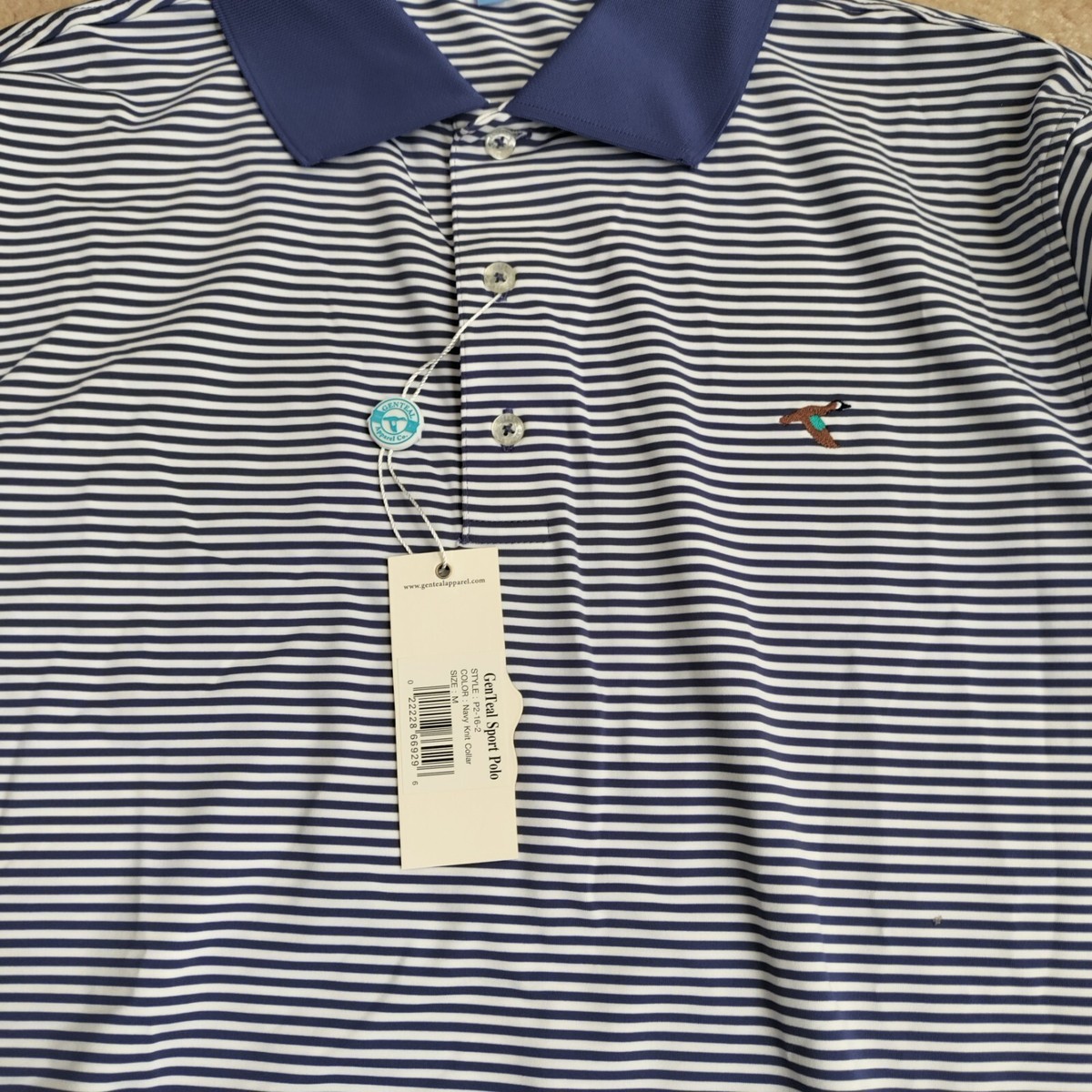 NWT Genteal Polo Shirt M Mens White Blue Striped Embroidered Golf