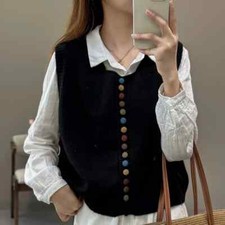 Women Sleeveless Knitted Thermal Vest Round Neck Tank Top Gilet Cardigan Sweater