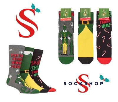 FILM & TV CHARACTERS Christmas Socks Buddy the Elf Mens Womens Fun Cotton Gift Xmas 3 Pairs- SOCKSHOP