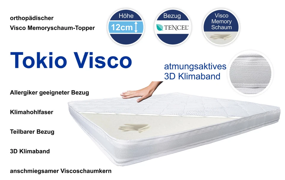 12 cm hoher Memory Schaum Tokio Visco Topper 90 100 140 160 180 200x200cm - Bild 2 von 4