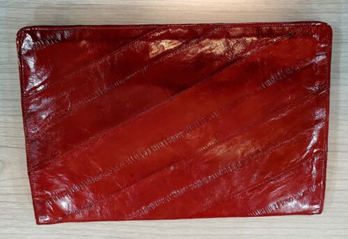 Vintage Eel Skin Clutch, Burgundy Small Eel Skin Leather Handbag 8 1/2" x 5 3/4" - Picture 2 of 6