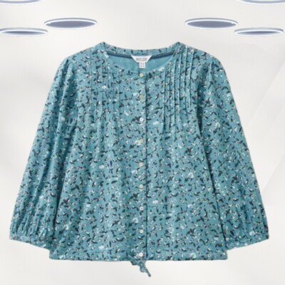 Ex White Stuff Women's 3/4 Sleeve Printed Tie Hem Shirt in Teal Blue (Defect)