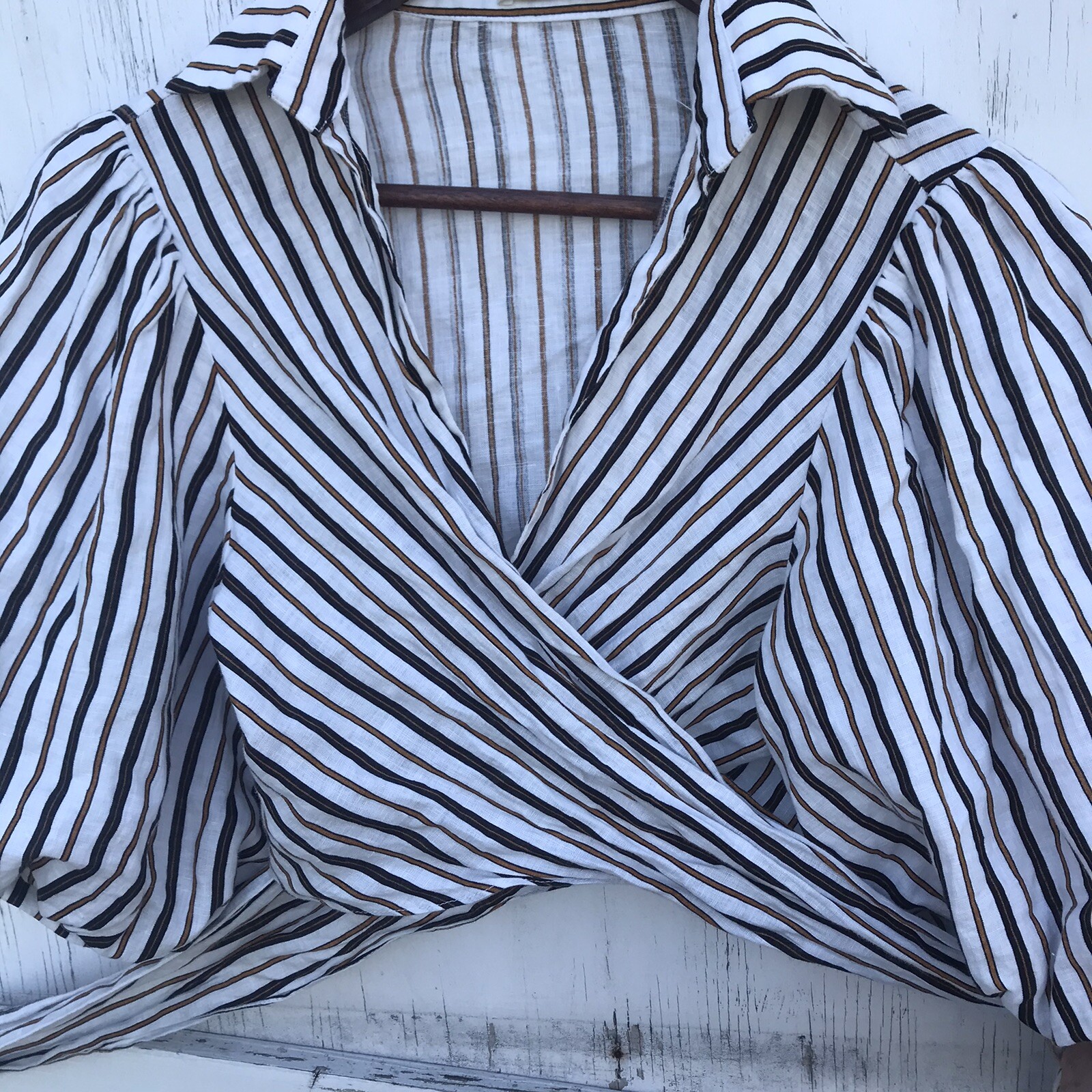 Petersyn Cellini Linen Blouse Desert Stripe Xs Puff Sleeve Wrap Top Boho Preppy image 4