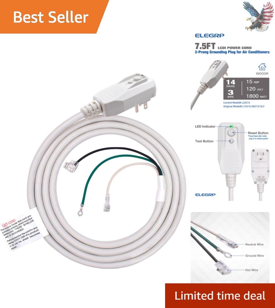 UL Certified LCDI Power Cord Plug for A/C Air Conditioner 7.5FT, 120V