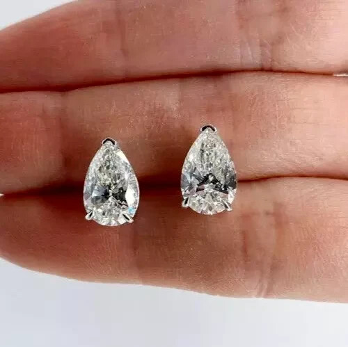 Pear Cut Studs 4.00 CT Women Earrings IGI Lab Grown/CVD Diamond 14K White Gold - Picture 1 of 13