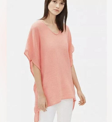 NWT $168 Eileen Fisher V-Neck Organic Cotton Lofty Gauze Caftan SzS/M  In Peach