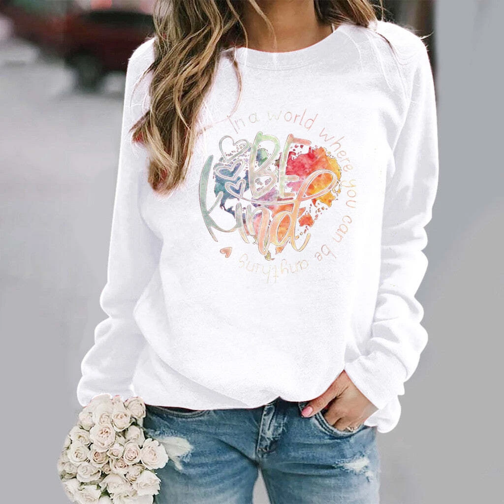 Graphic Print Long-sleeved Round Neck Sweatshirt Women casual top | eBay