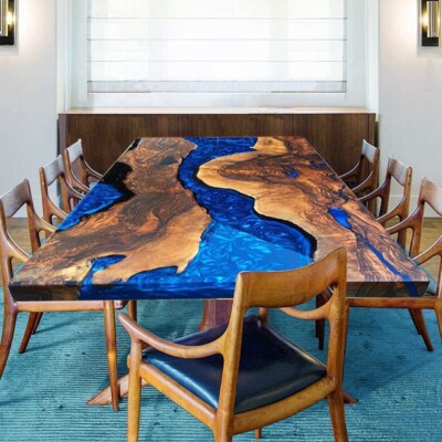 Anpassbare Live Edge Pappel Epoxidharz Küchentischplatte | Blue Ocean Design