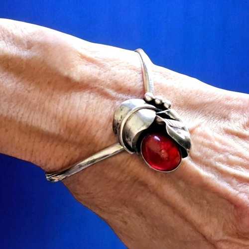 Calla Lily 925 Sterling Vintage Mexican Opal Or Amber Cuff Bangle Bracelet