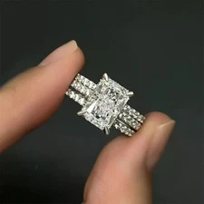 Trio Set Moissanite Engagemement Ring Solid 14K White Gold 3 Carat Radiant Cut