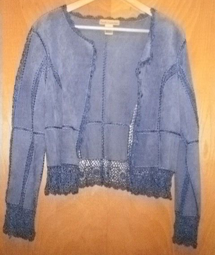 SUEDE ESSENTIALS UNIQUE DEEP BLUE 100% LEATHER WOMENS JACKET W EMBROIDERY L P - Picture 3 of 15