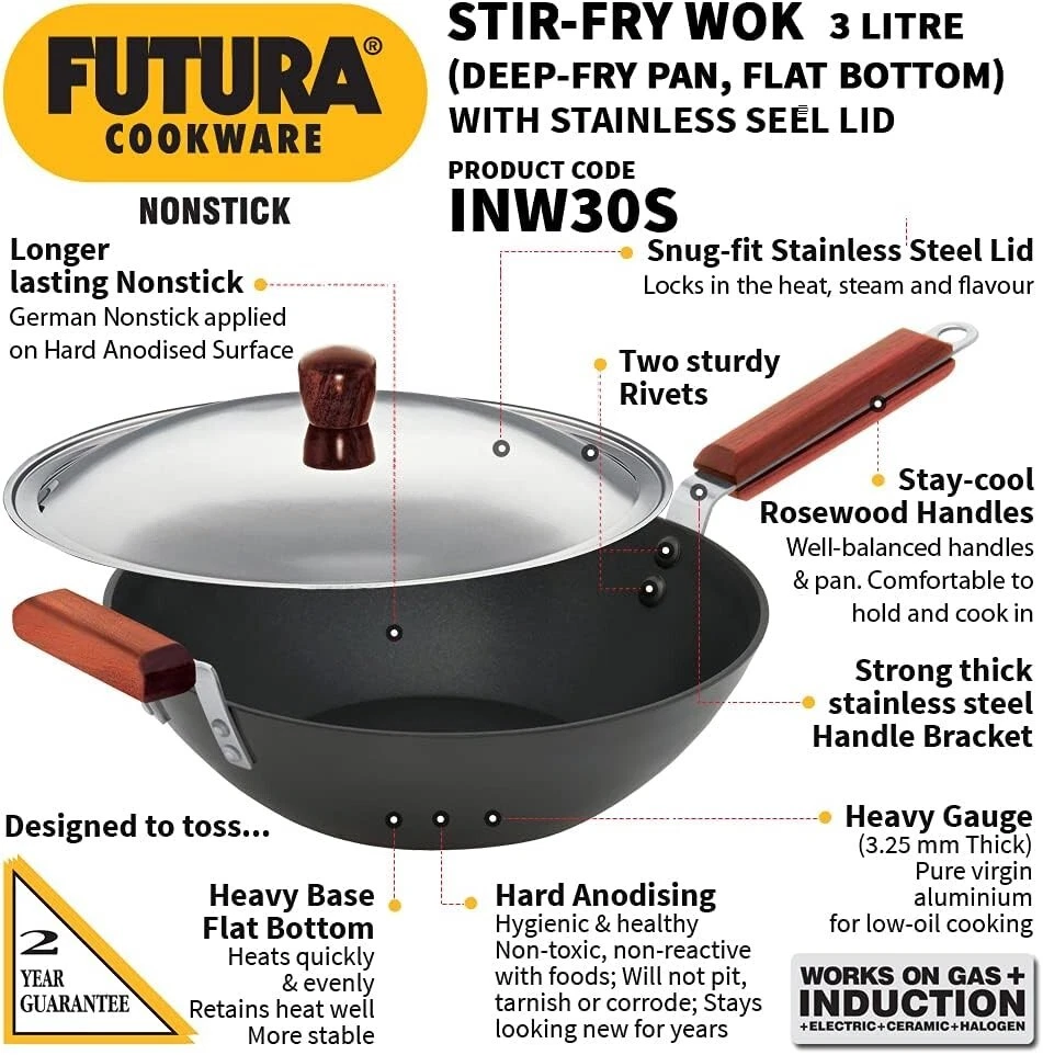 Futura Nonstick Stir-Fry Wok 3 L Deep-Fry Pan Induction Base By Hawkins INW30